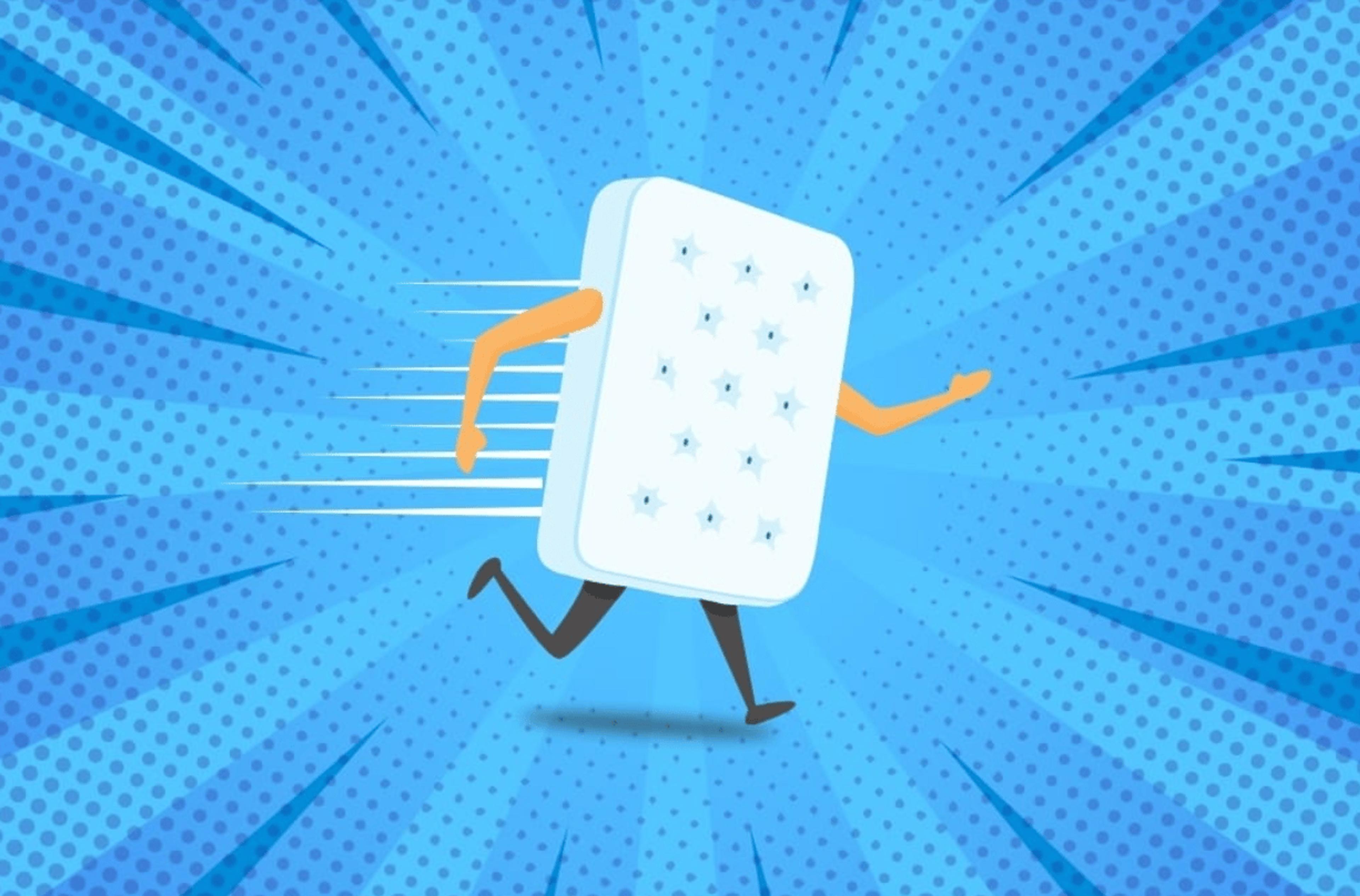 A mattress graphic with arms and legs running on a blue background