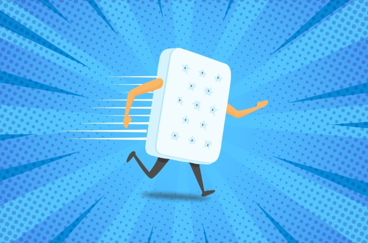 A mattress graphic with arms and legs running on a blue background