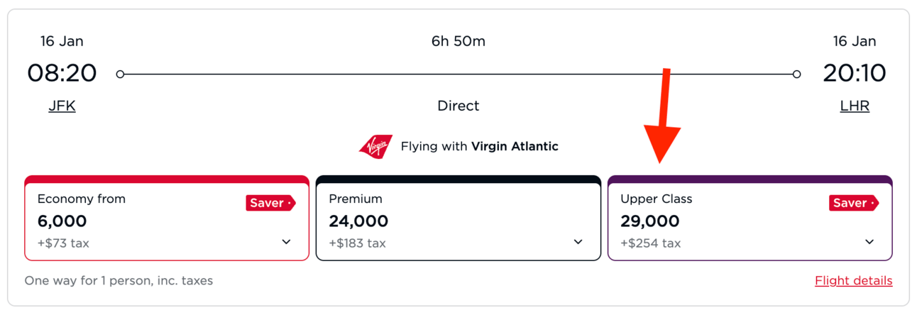 New York to London for 29,000 points in business class