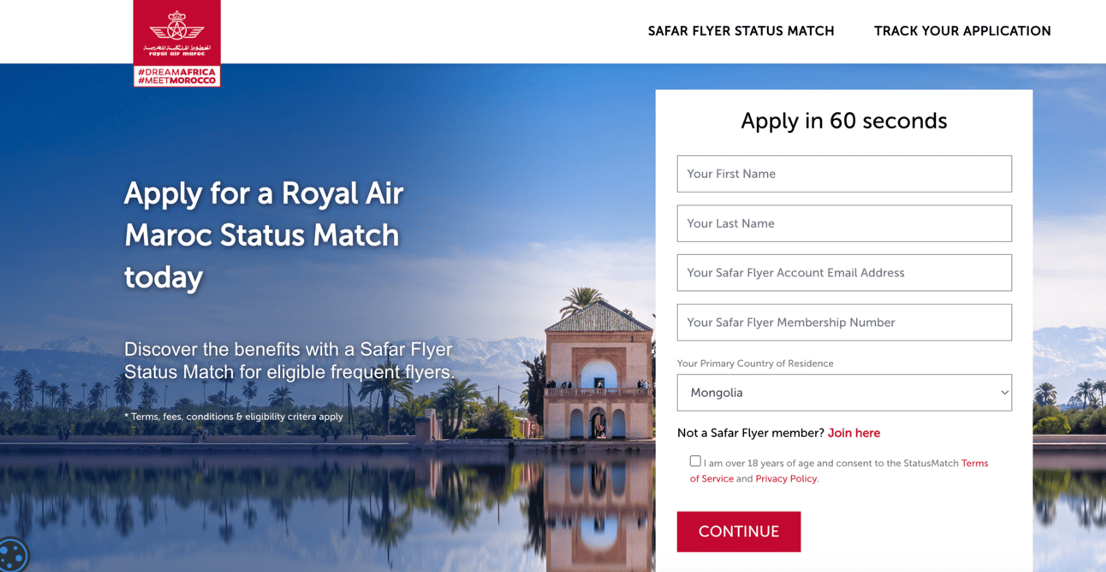 A screenshot from the application form for Royal Air Maroc's status match