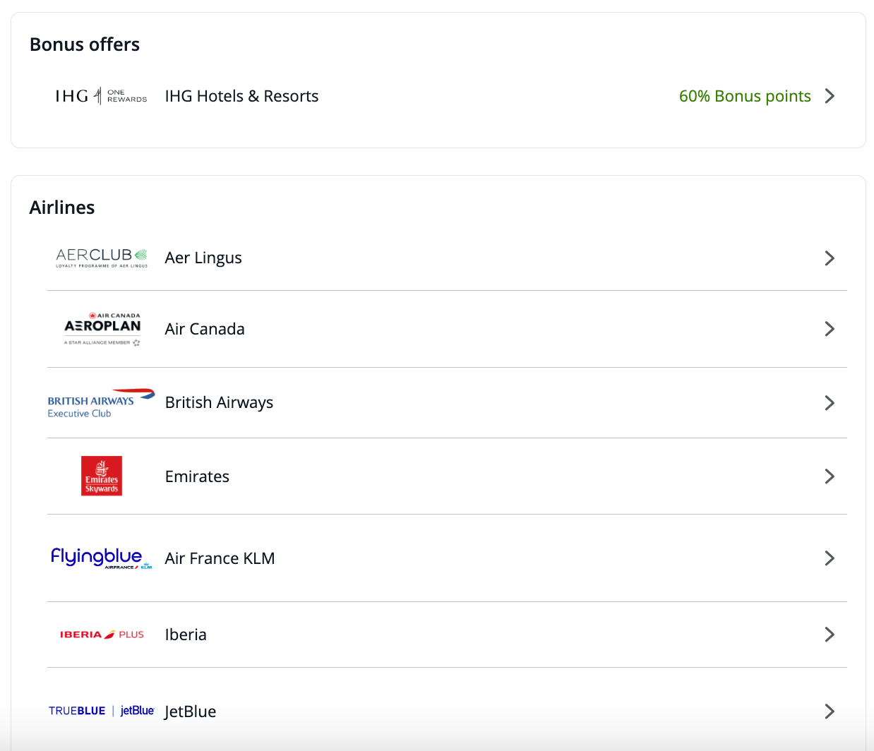 A screenshot from the bank in question, showing their various transfer partners