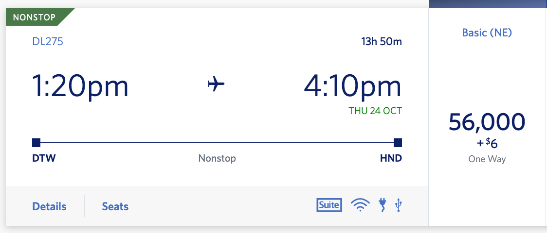 Detroit to Tokyo in economy for 56,000 Delta SkyMiles