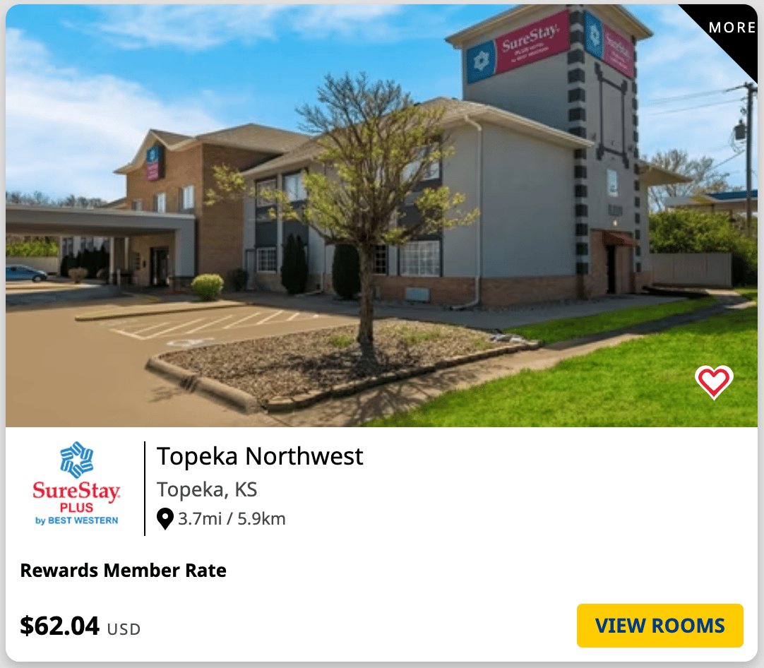 A smple booking for a Best Western hotel in Topeka Kansas for $62 per night