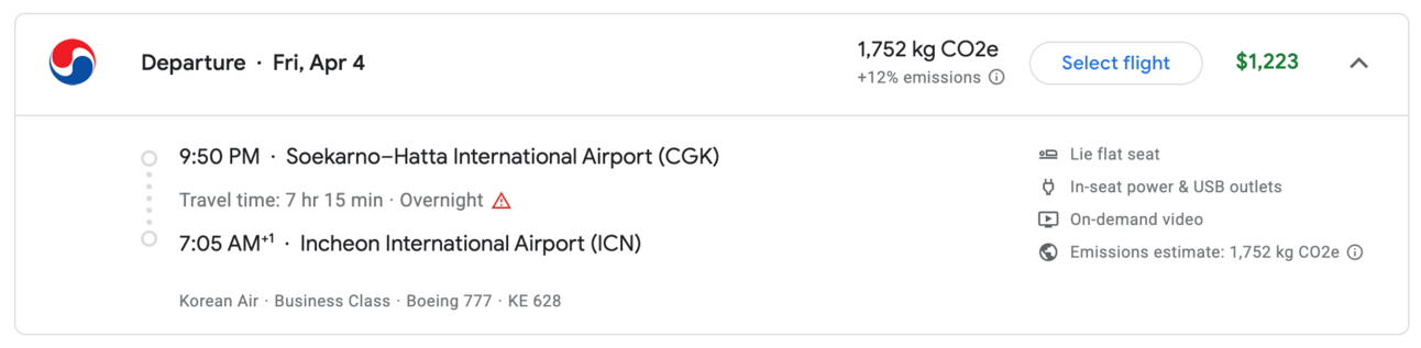 Jakarta to Seoul for $1,223 in business class