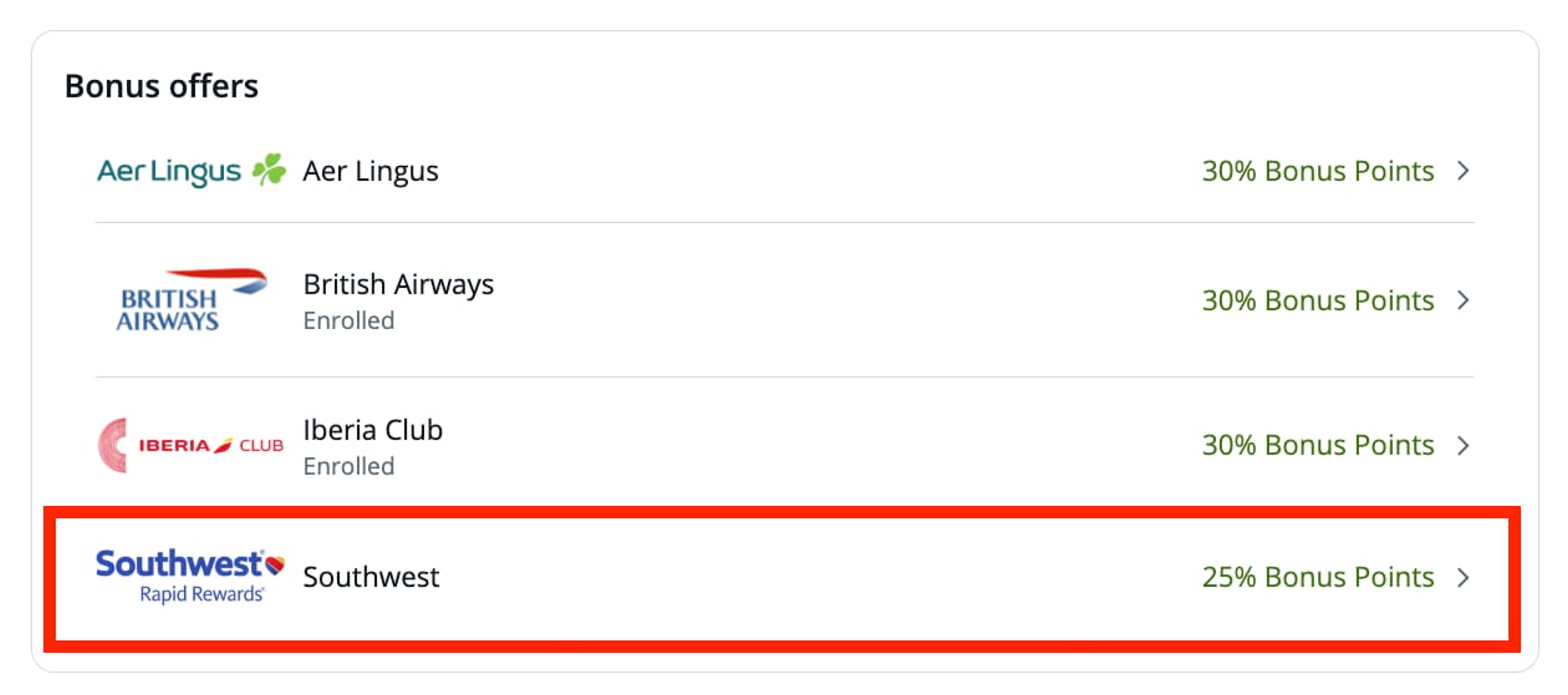 25% bonus to Southwest