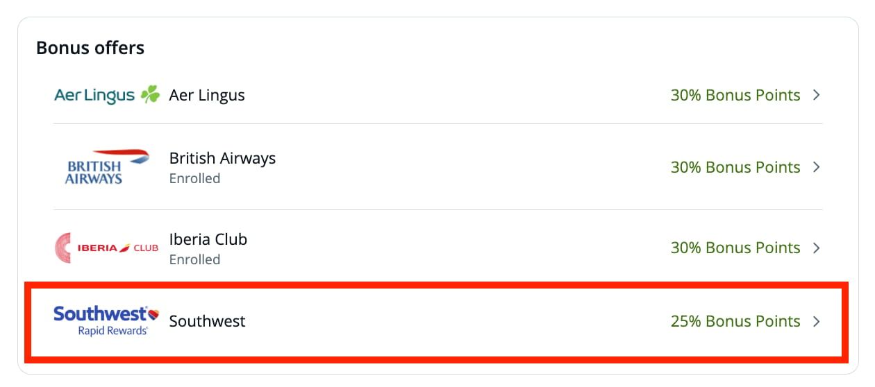25% bonus to Southwest
