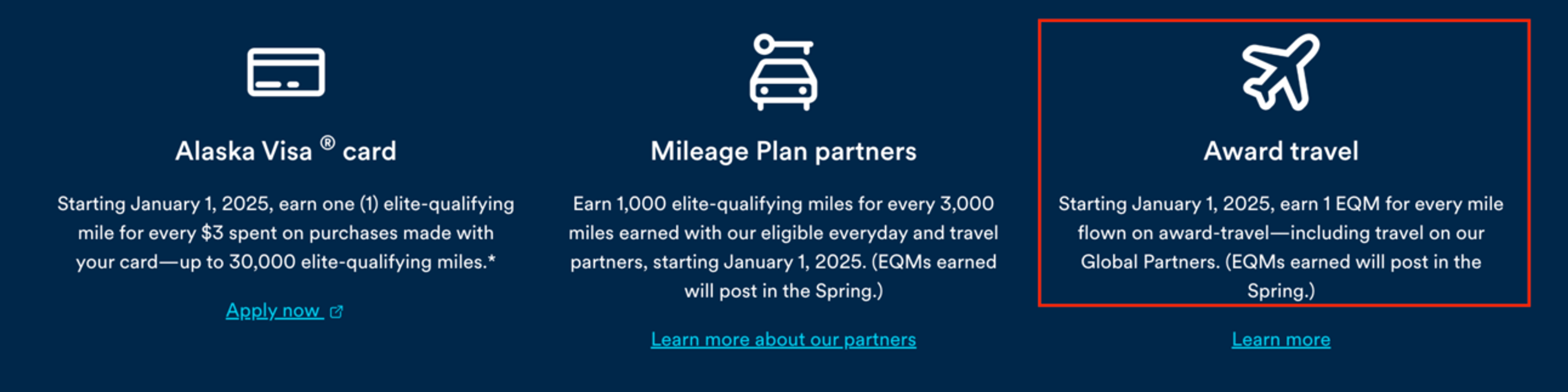 A graphic showing the various ways you can earn Alaska EQMs