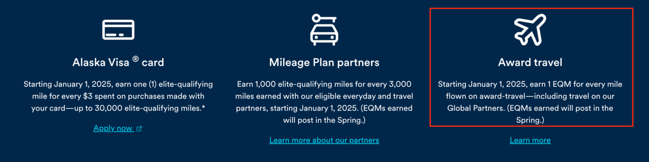A graphic showing the various ways you can earn Alaska EQMs