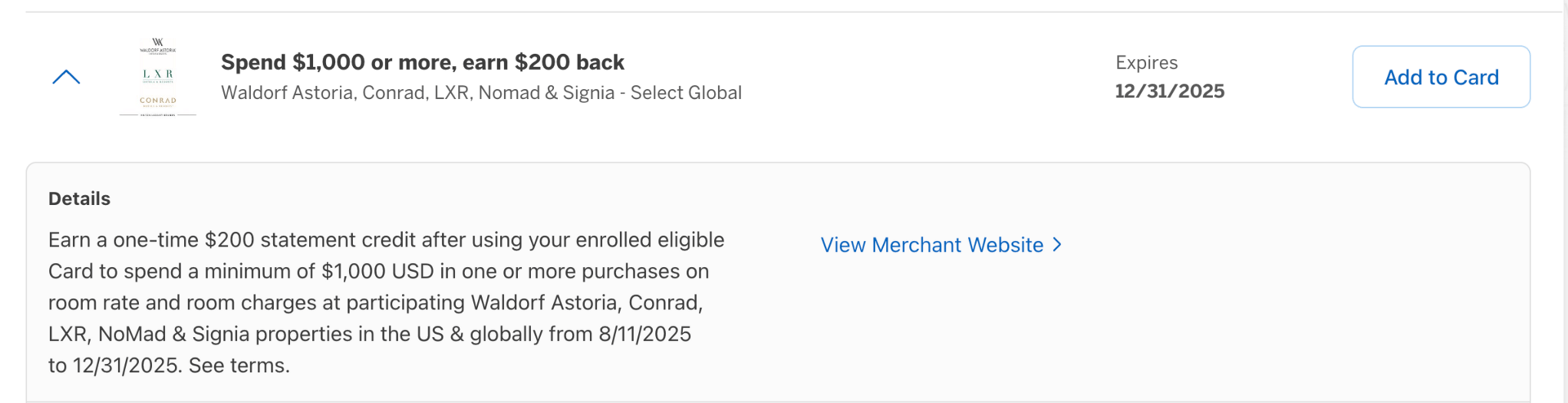Merchant offer for $200 off of $1,000 Hilton purchase