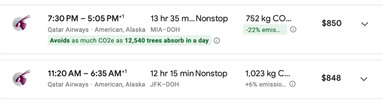 Flight examples on Qatar from JFK and Miami to Doha