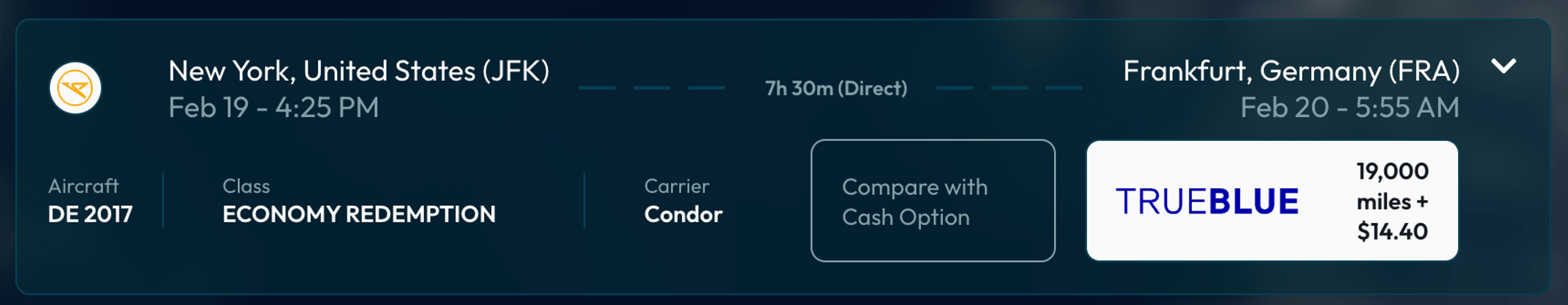 New York to Frankfurt for 19,000 JetBlue points in economy