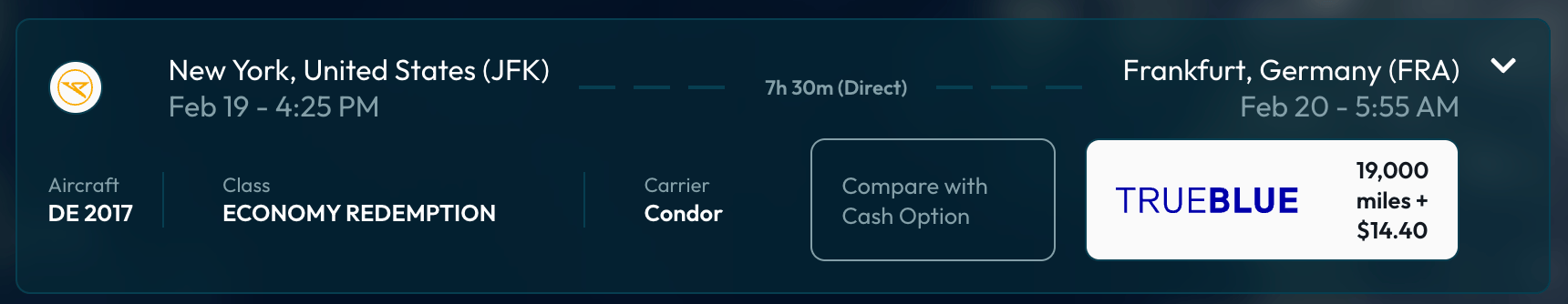 New York to Frankfurt for 19,000 JetBlue points in economy