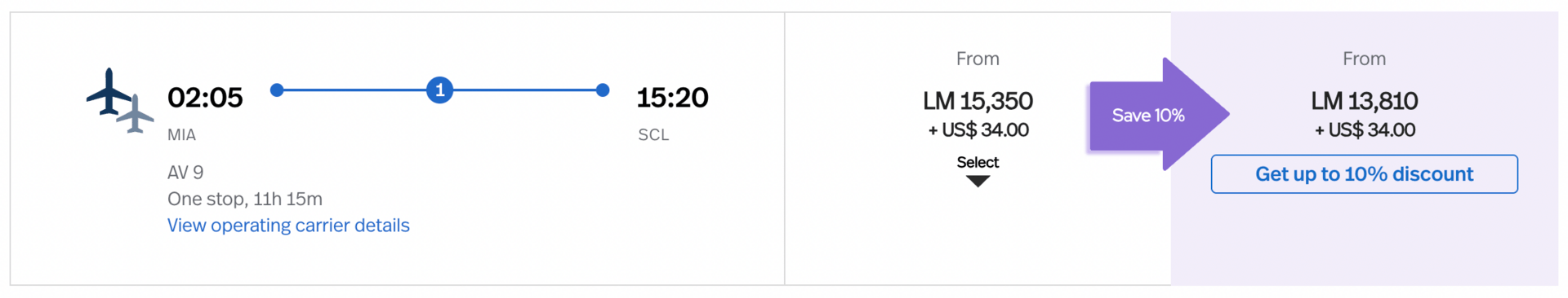 Miami (MIA) to Santiago (SCL) for 15,350 Avianca LifeMiles