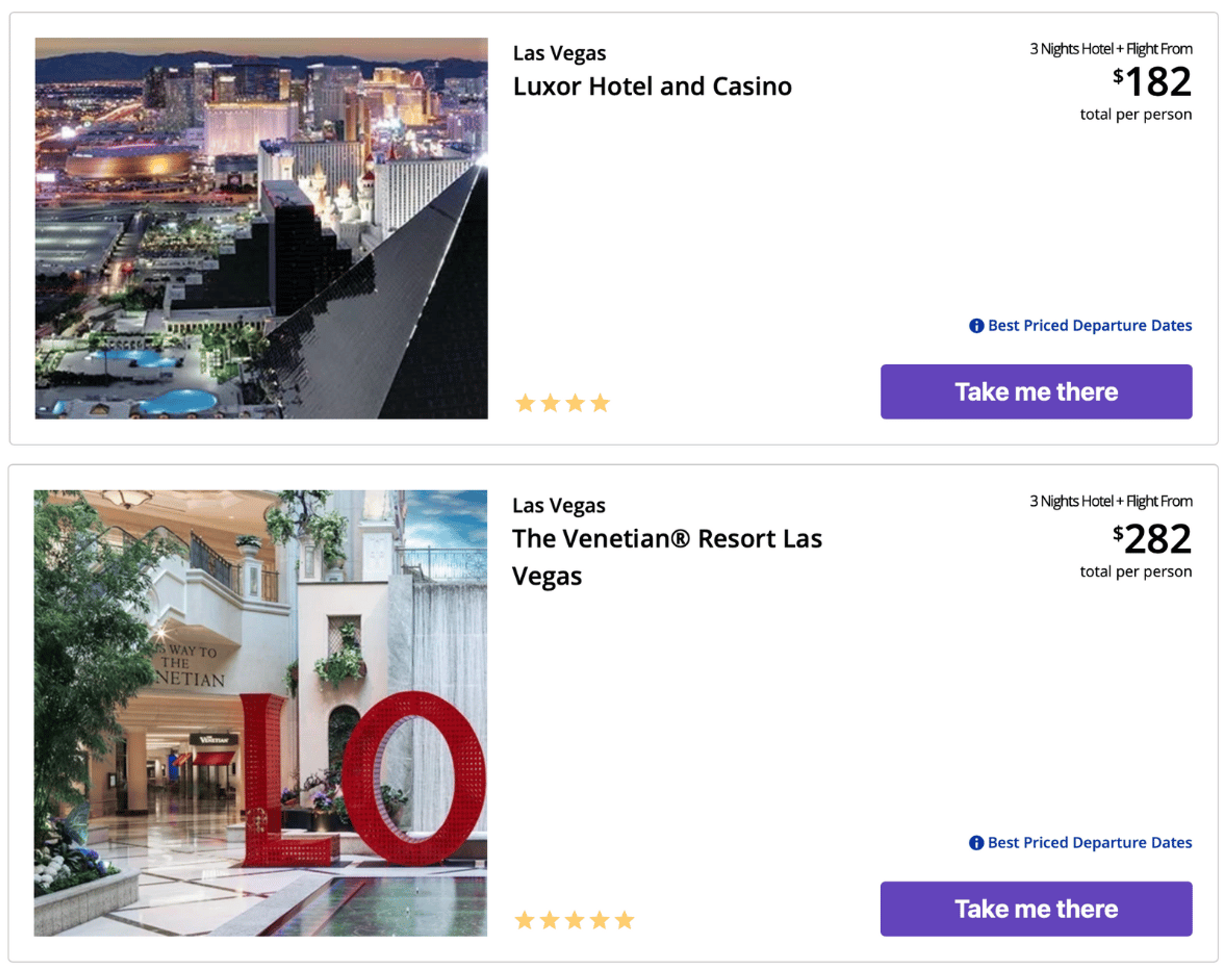 Example booking to Las Vegas