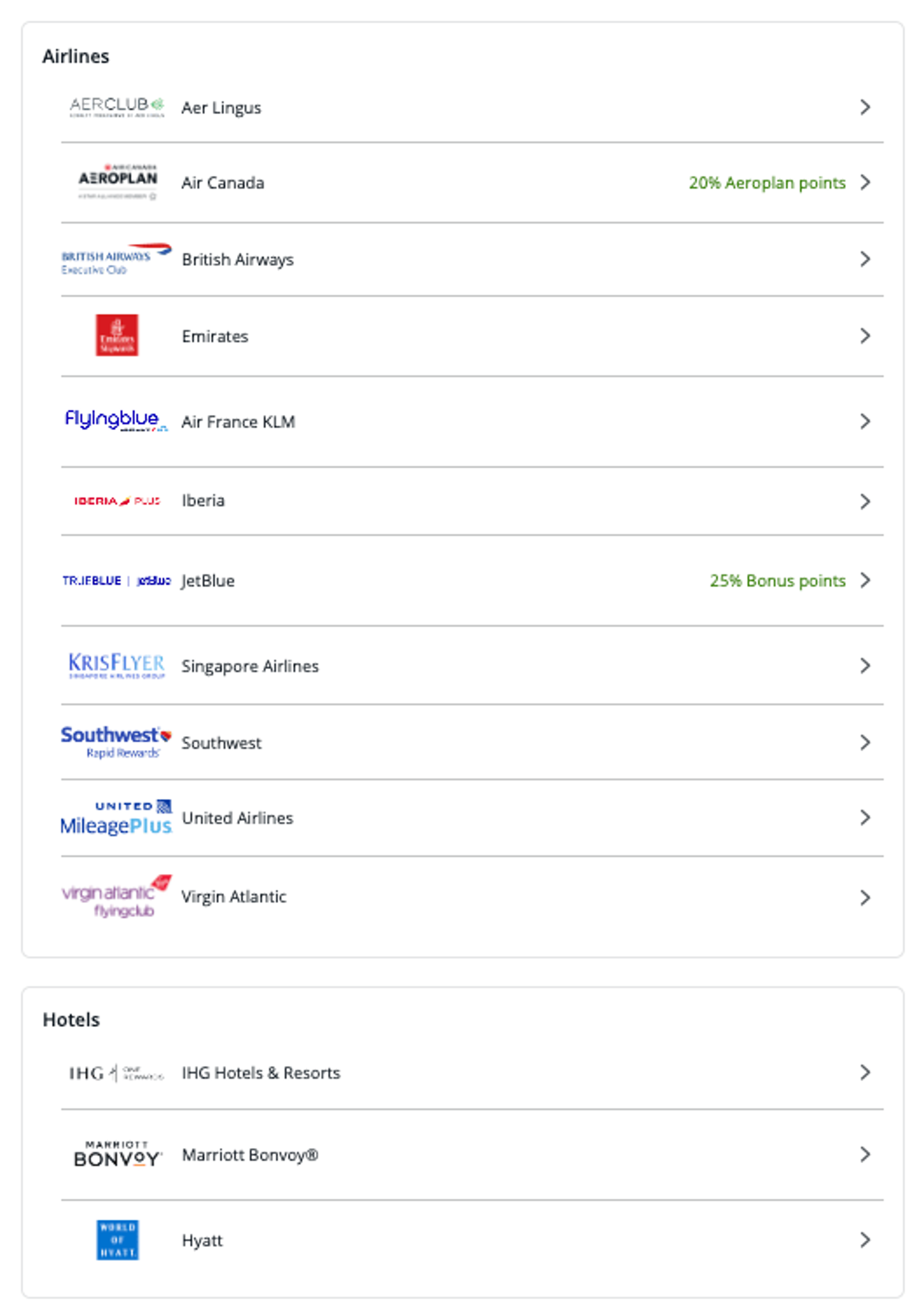 This list shows all 11 of the CSP's airline transfer partners, and its three hotel transfer partners.