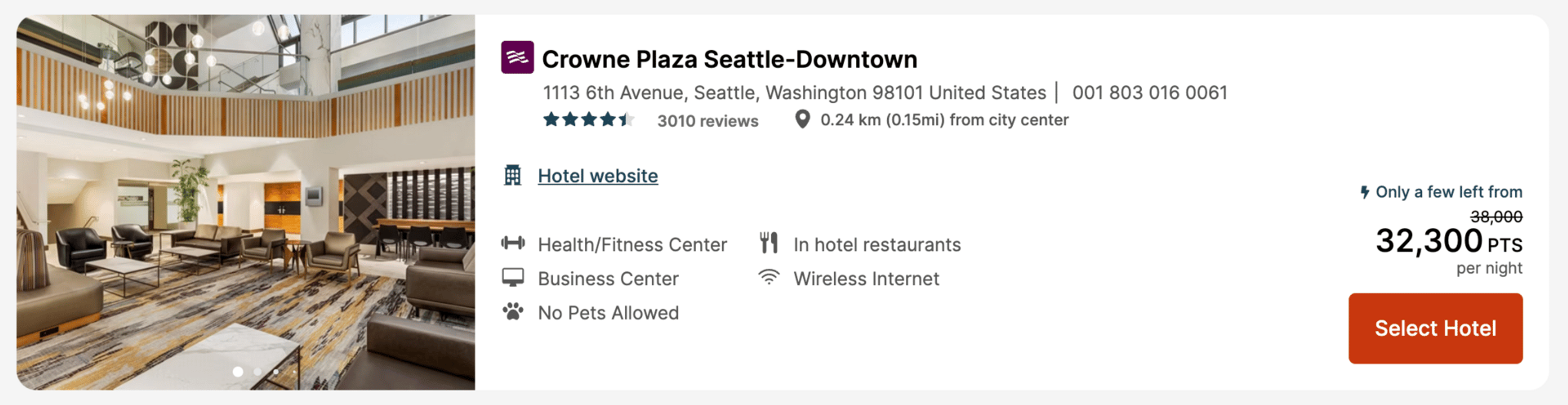 Crowne Plaza Seattle for 32,300 points