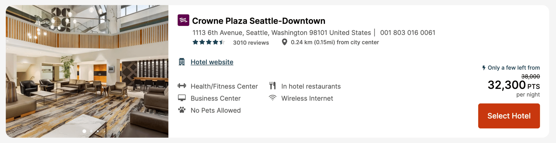 Crowne Plaza Seattle for 32,300 points