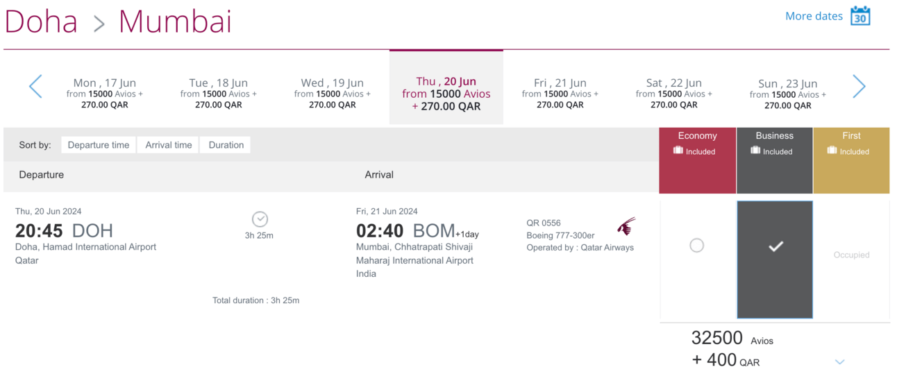 An example of booking Qatar from Doha to Mumbai for 32,500 Avios