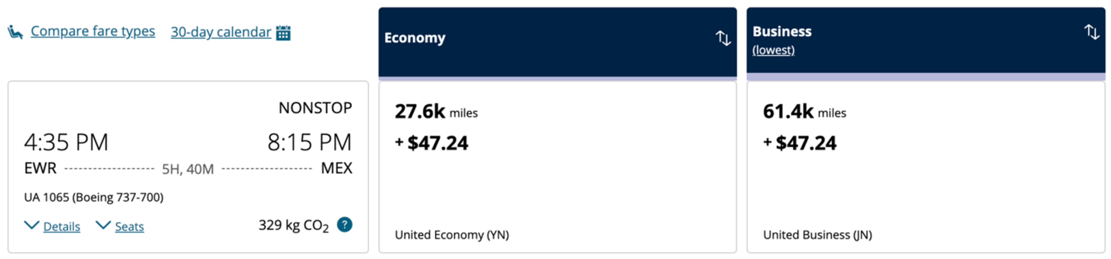 A screenshot from United's website showing a sample booking from New York City to Mexico City for a whopping 27,000 points in economy
