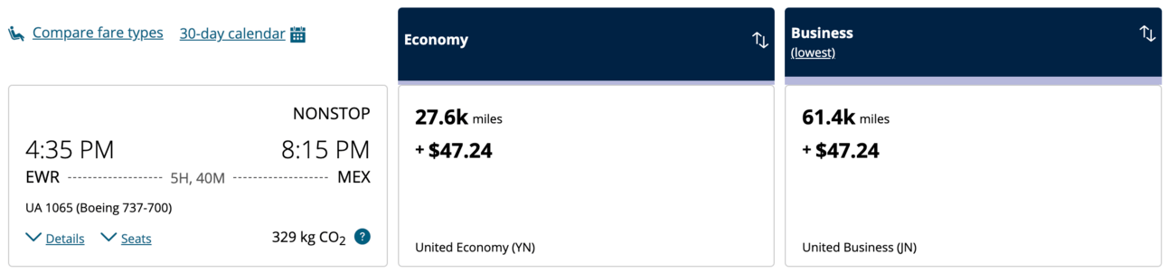 A screenshot from United's website showing a sample booking from New York City to Mexico City for a whopping 27,000 points in economy