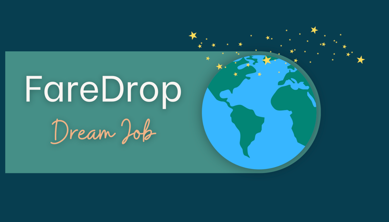 A dark blue background with a graphic of the world, stars, and the FareDrop logo
