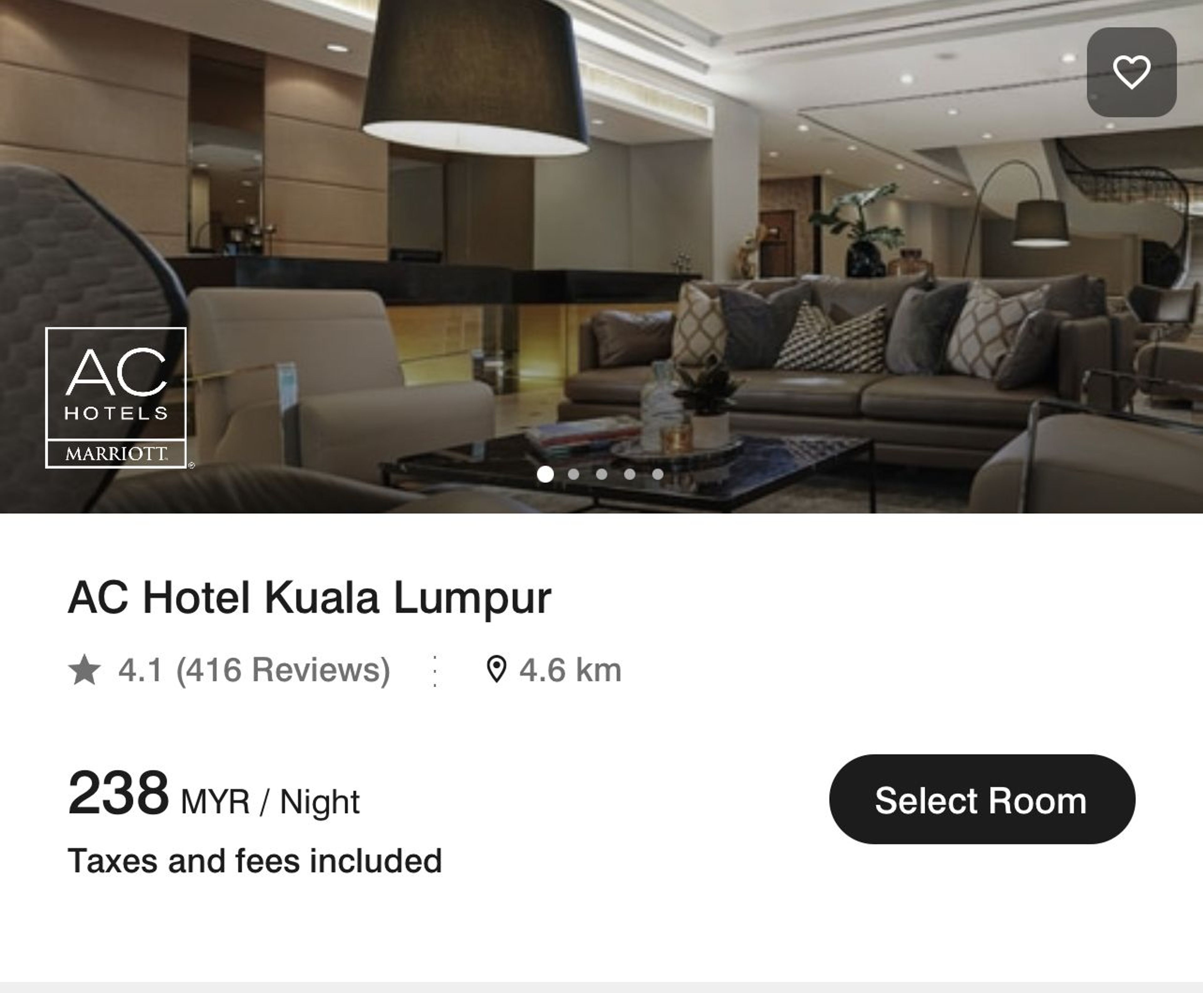 A screenshot showing the AC Hotel In Kuala Lumpur, which only costs $50 per night