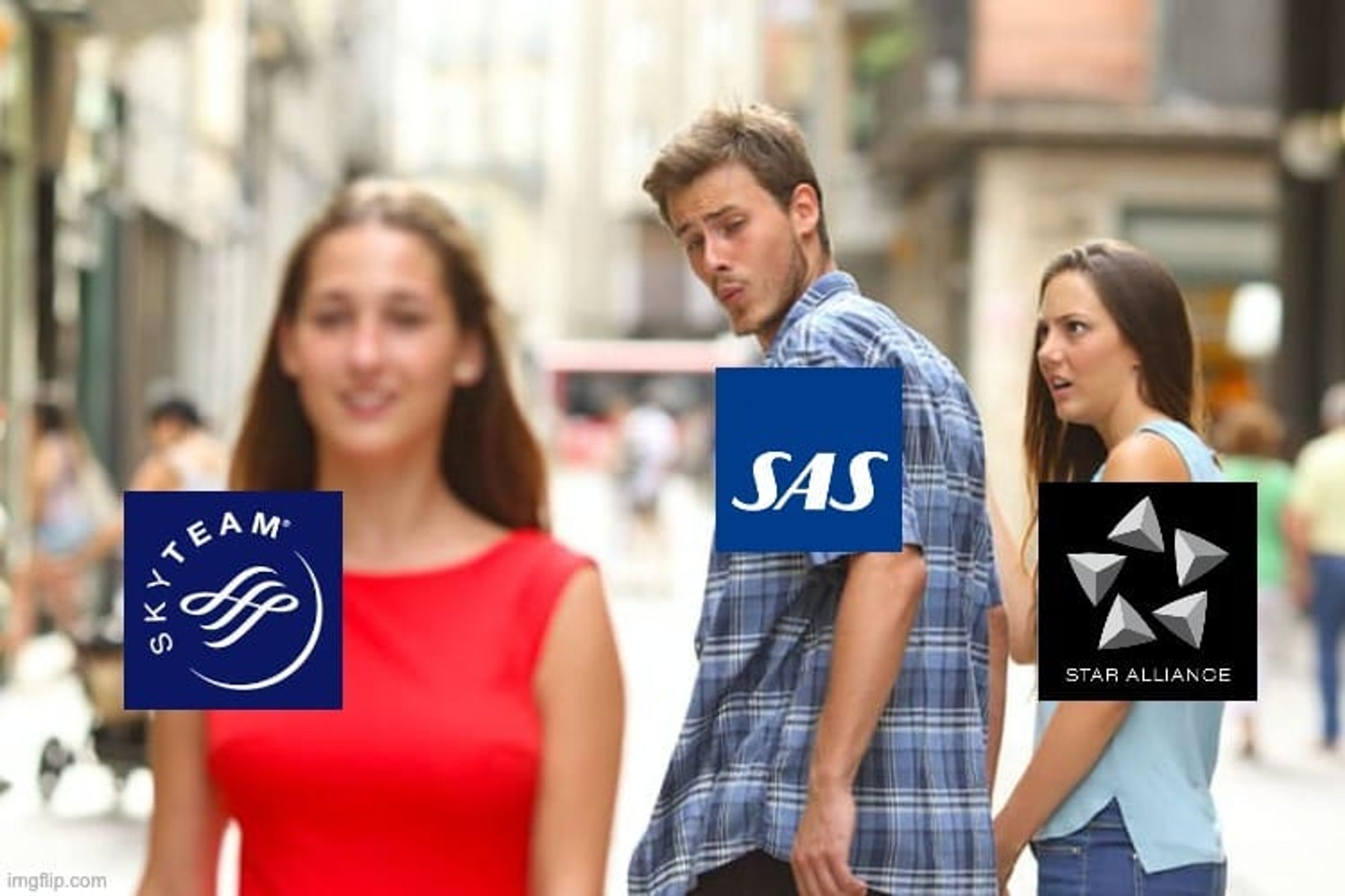 "Distracted boyfriend" meme about SAS leaving one alliance for another