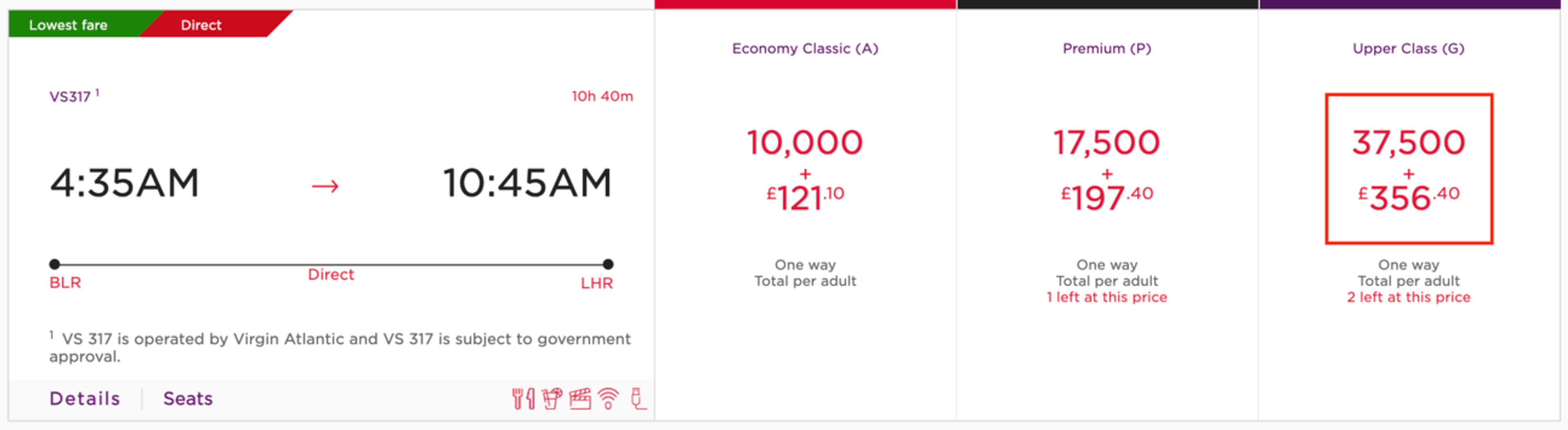 Sample Virgin Atlantic booking from Bangalore to London