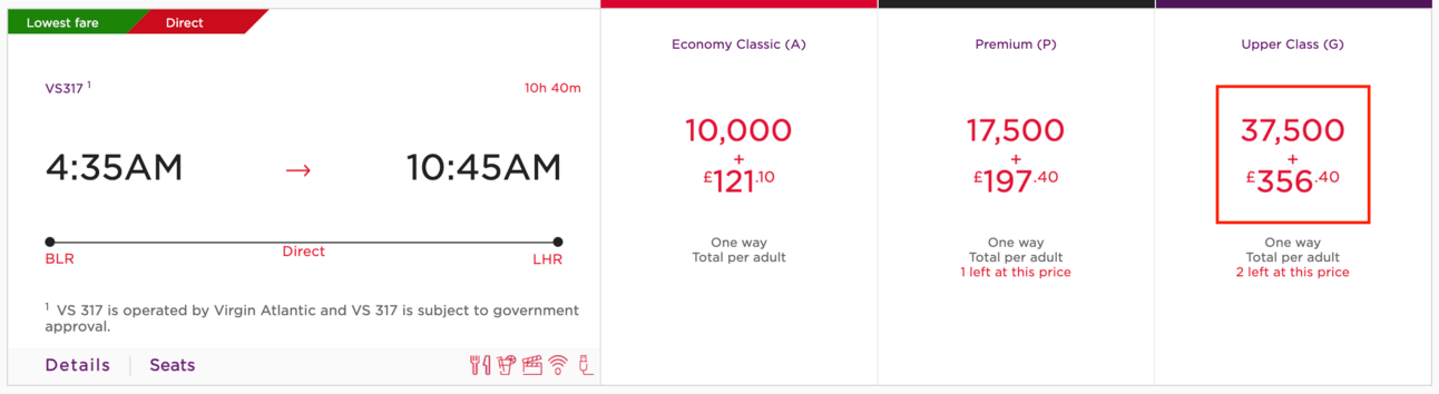 Sample Virgin Atlantic booking from Bangalore to London