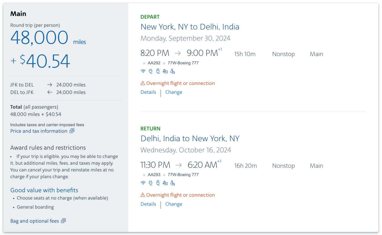 Round trip flight from New York to India for 48,000 miles