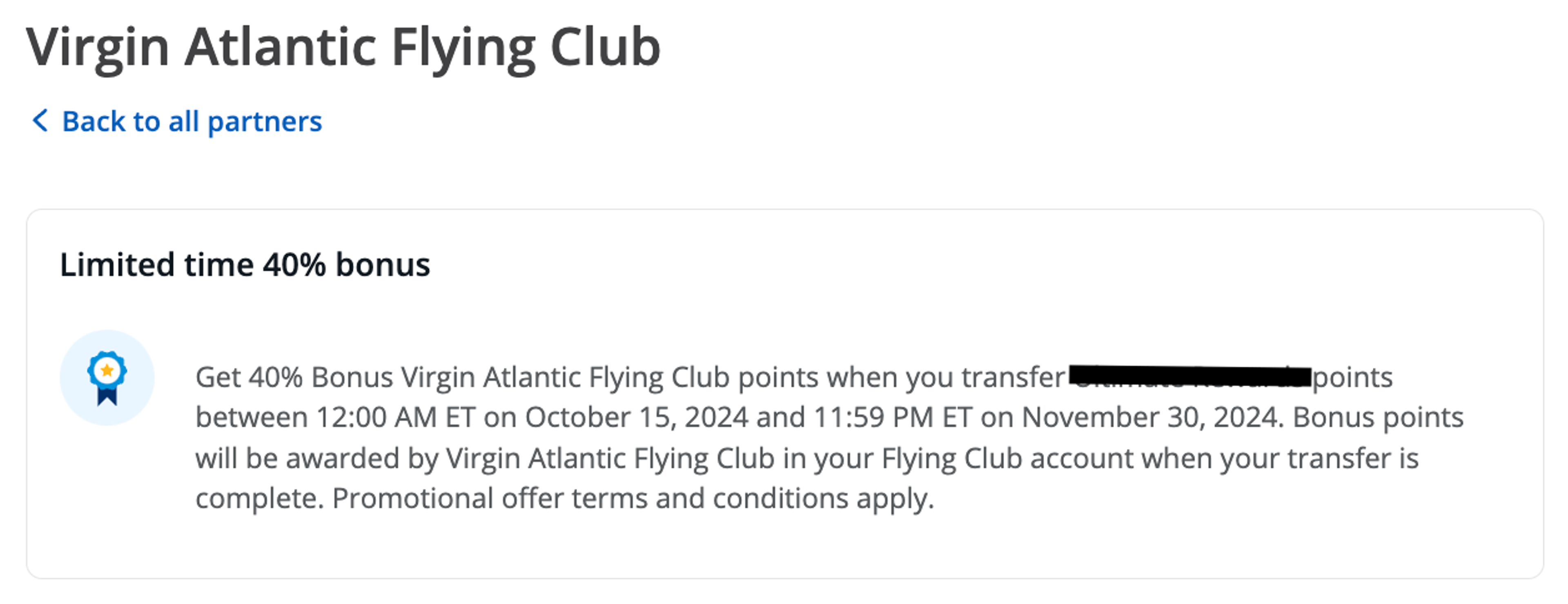 A screenshot from the transfer page showing a 40% bonus from UR Points to Virgin