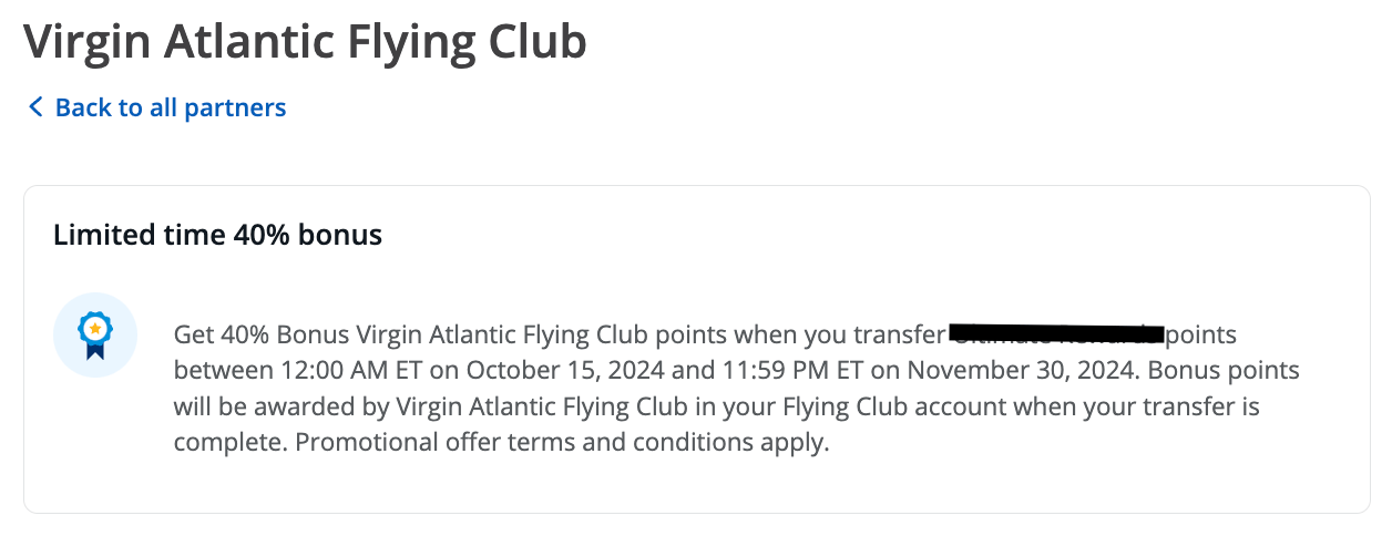 A screenshot from the transfer page showing a 40% bonus from UR Points to Virgin