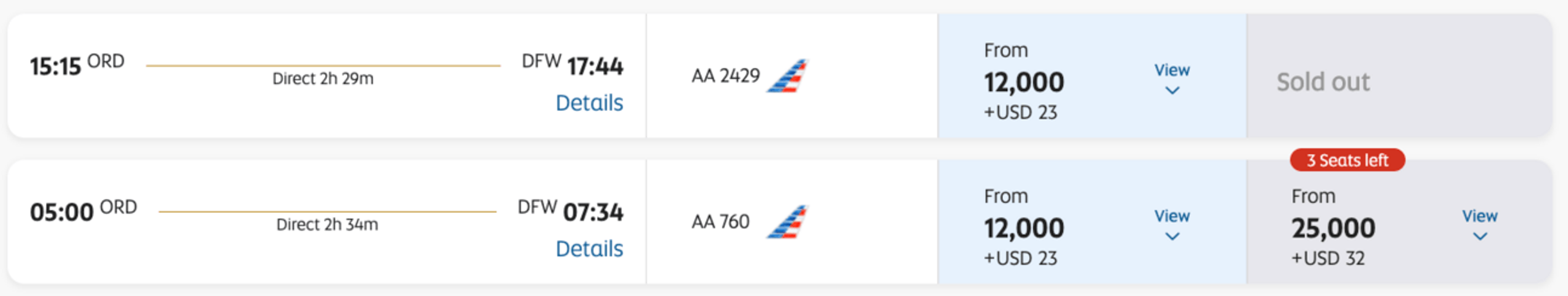An example of booking a domestic AA flight with 12,000 Etihad miles