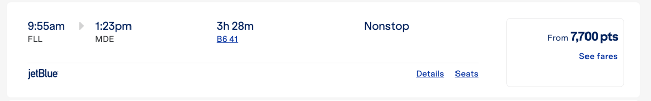 FLL to MDE for 7,700 JetBlue points