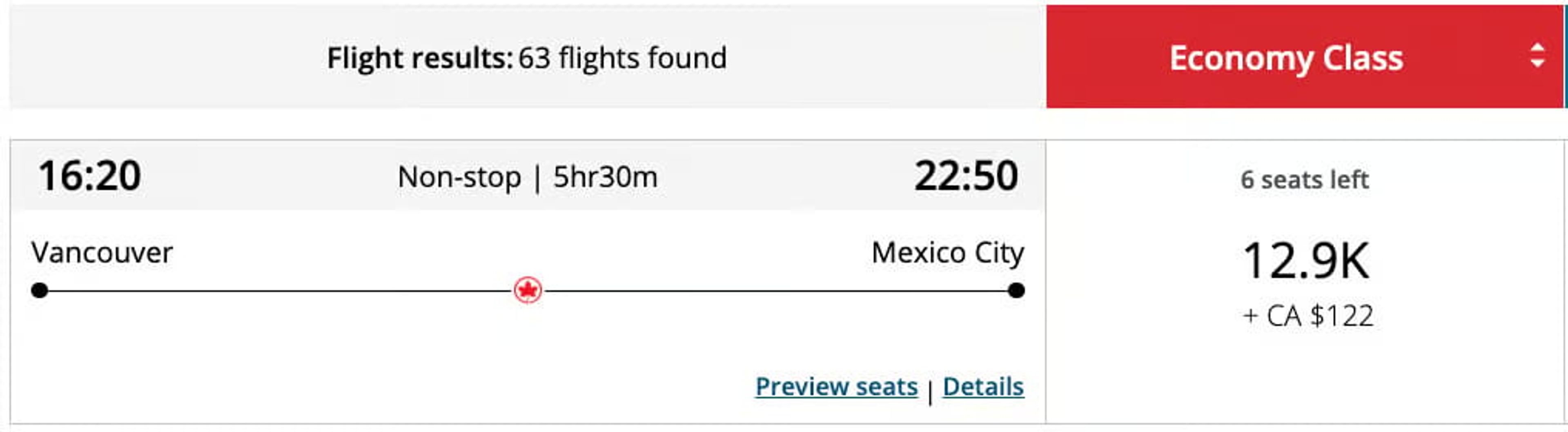 YVR to MEX on Air Canada