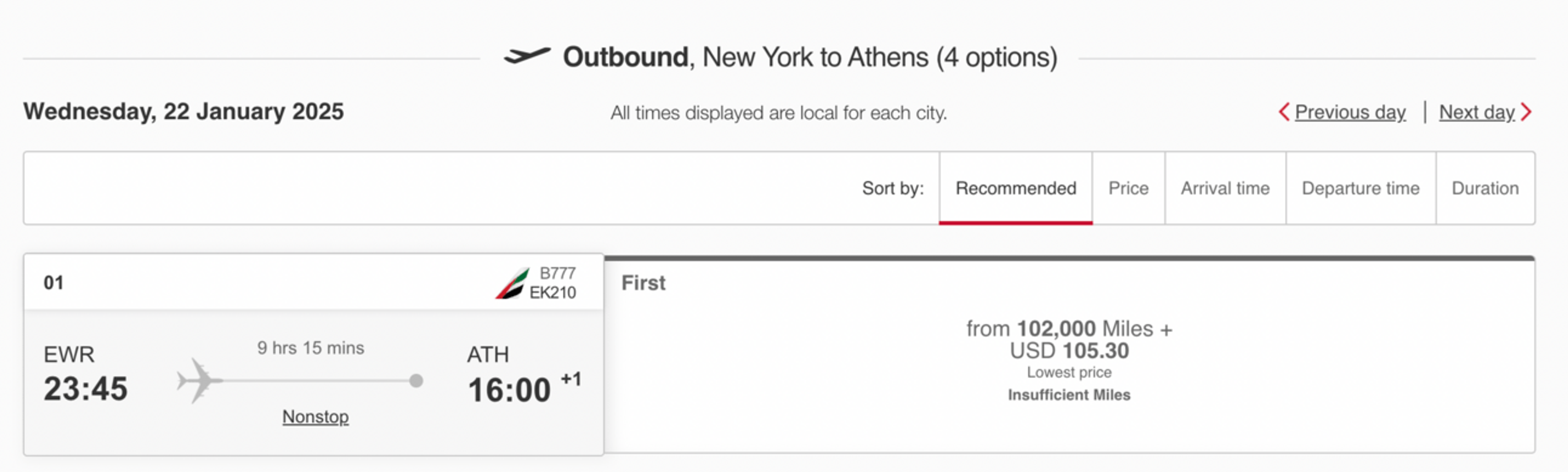 Sample Emirates booking from EWR-ATH in first class