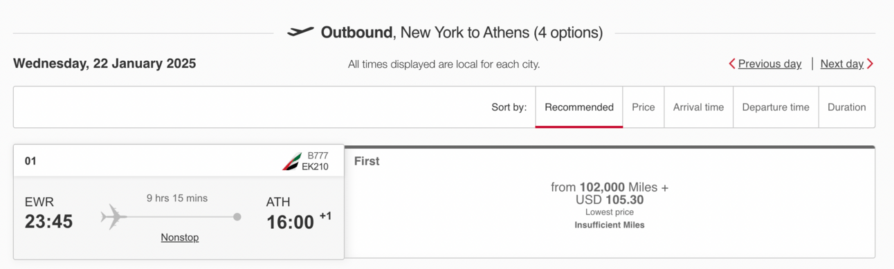 Sample Emirates booking from EWR-ATH in first class