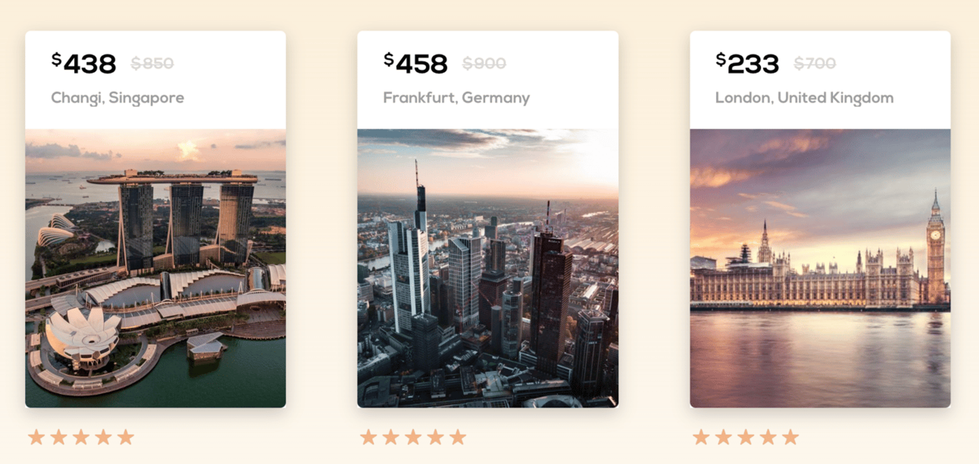 Three destination cards that show deals to Changi, Frankfurt, and London