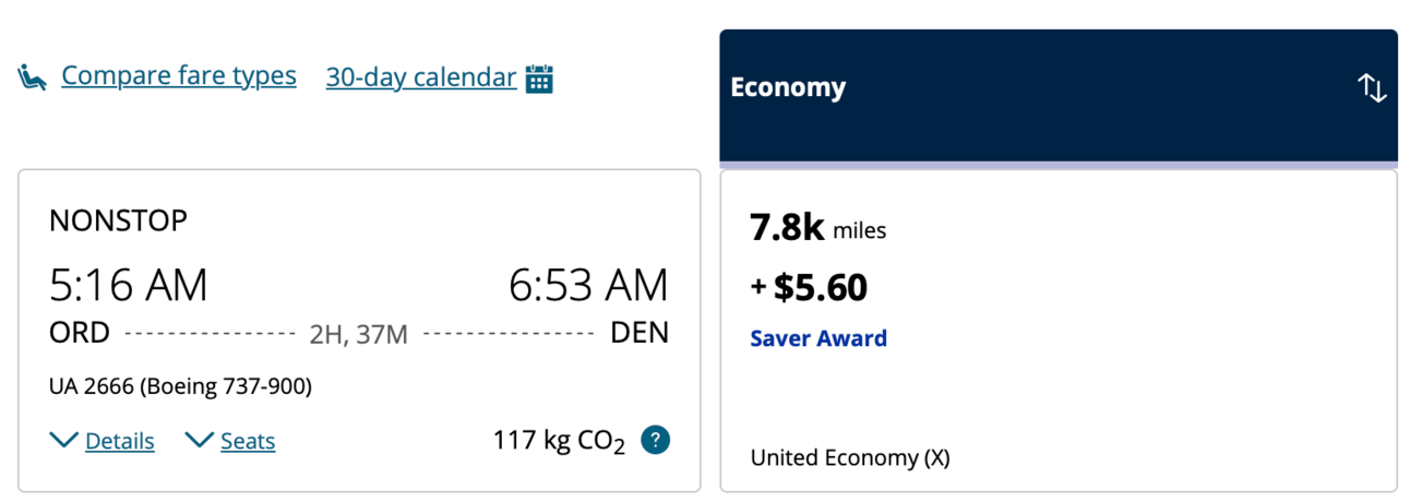Example route from Chicago to Denver with United points