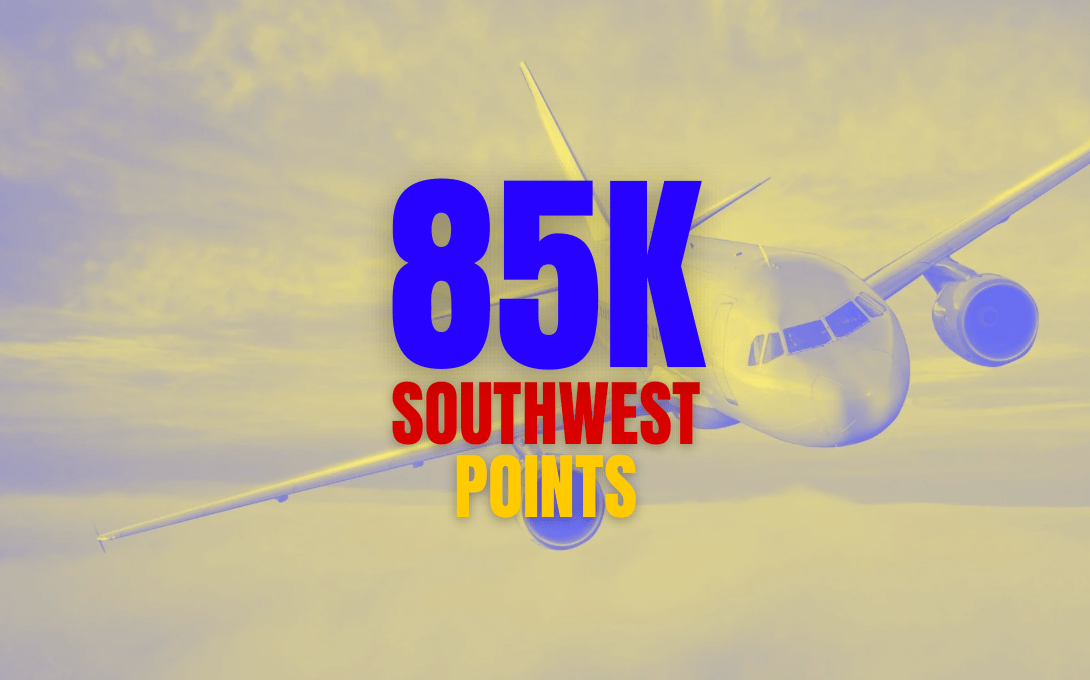 A yellow and blue airplan in the background with text overlay "85K southwest points"