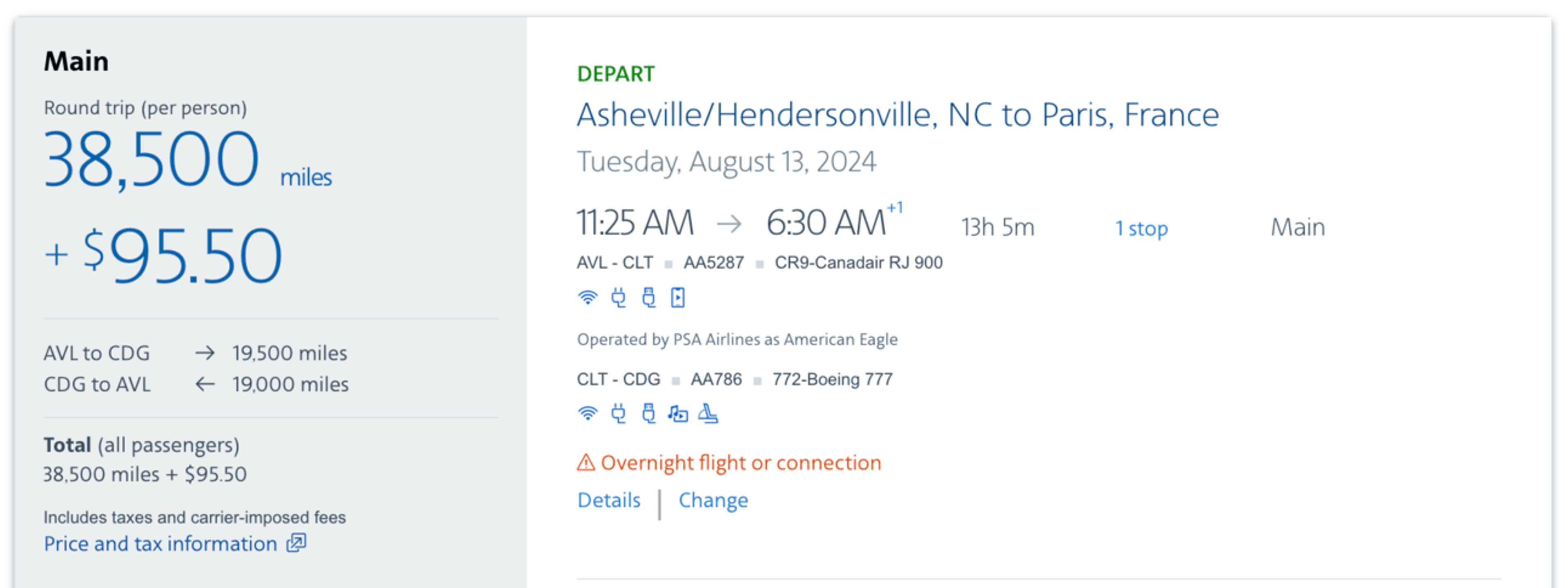 A screenshot o a booking from Asheville, NC to Europe for 38,000 AA miles round-trip