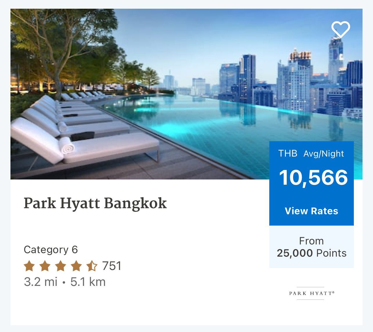 A screenshot from Hyatt's website showing the Park Hyatt Bangkok, which yields a lower point value