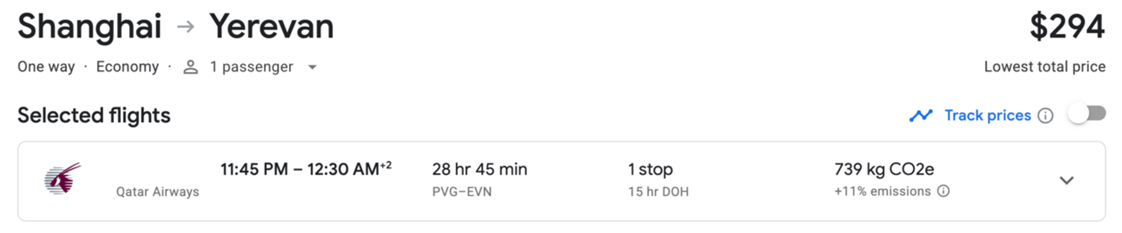 Shanghai to Yerevan for $294