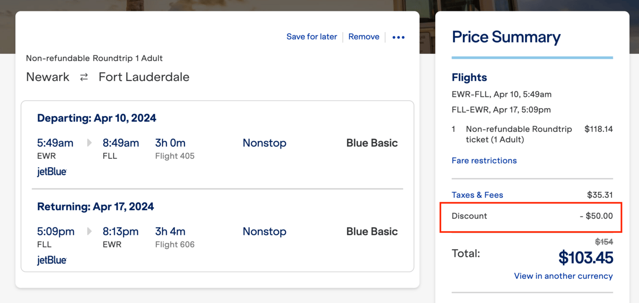 An example of a round-trip booking with JetBlue that triggers their $50 discount