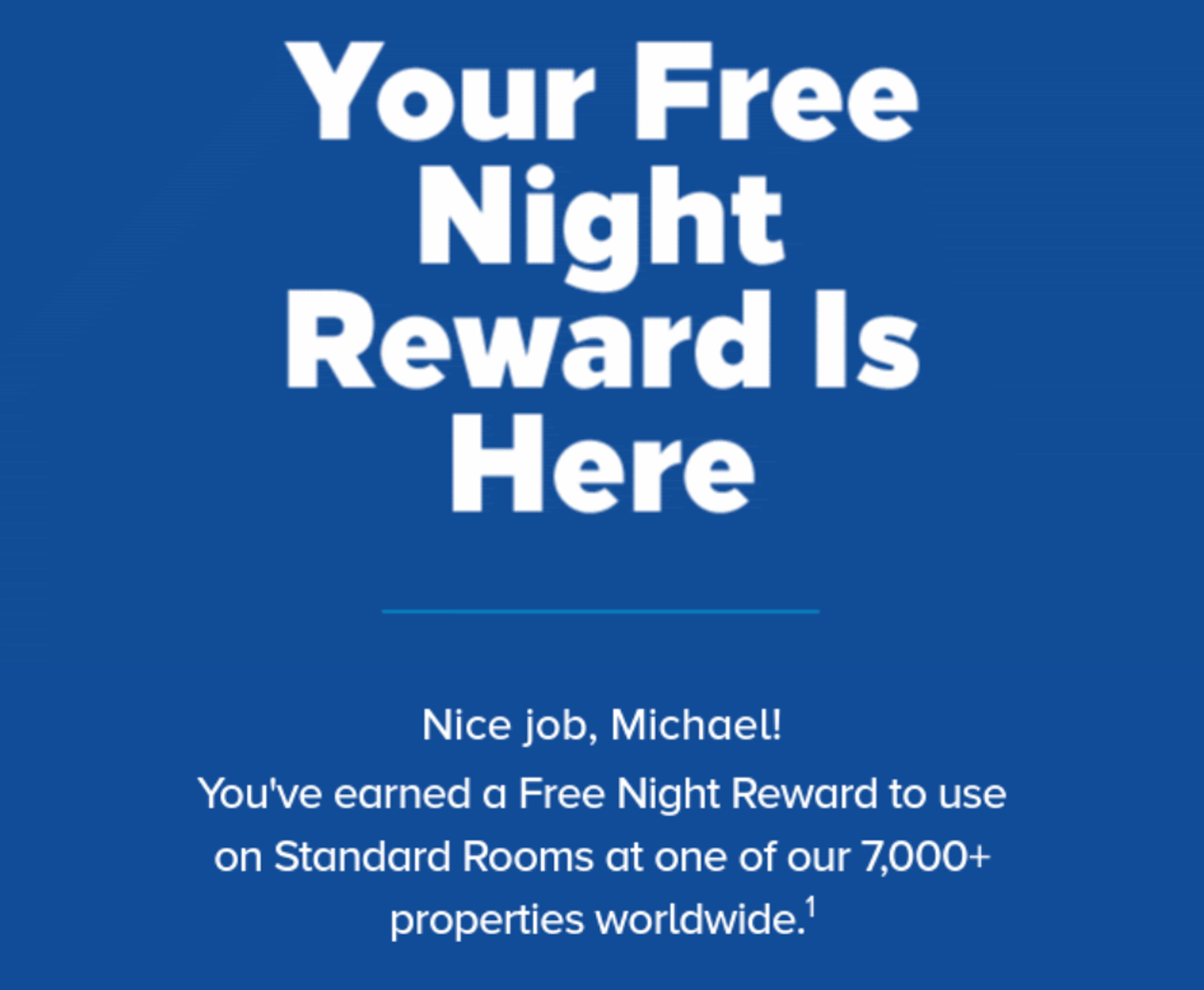 A screenshot from an email from Hilton indicating that Mike has earned a Free Night Award
