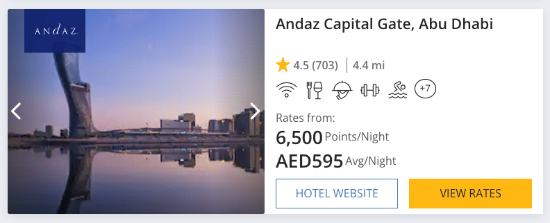 A screenshot from Hyatt's website howing the Andaz Abu Dhabi for 6,500 points per night