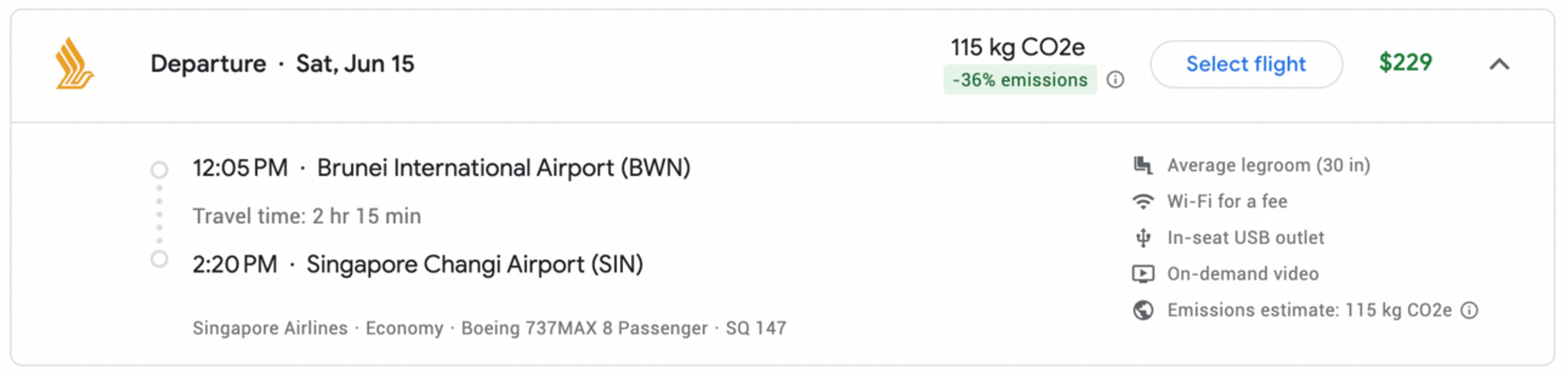 Sample Singapore Airlines flight (google flights)