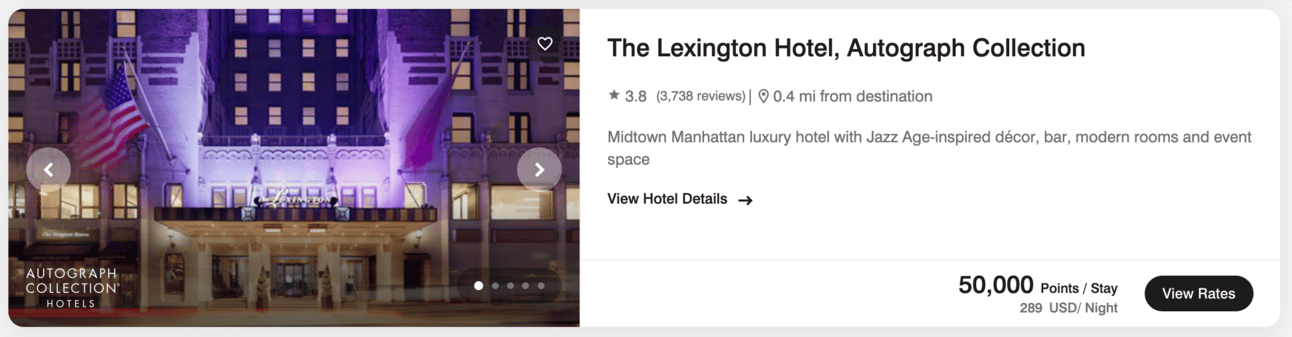 Example of a hotel in New York that is bookable with a Marriott Free Night Certificate