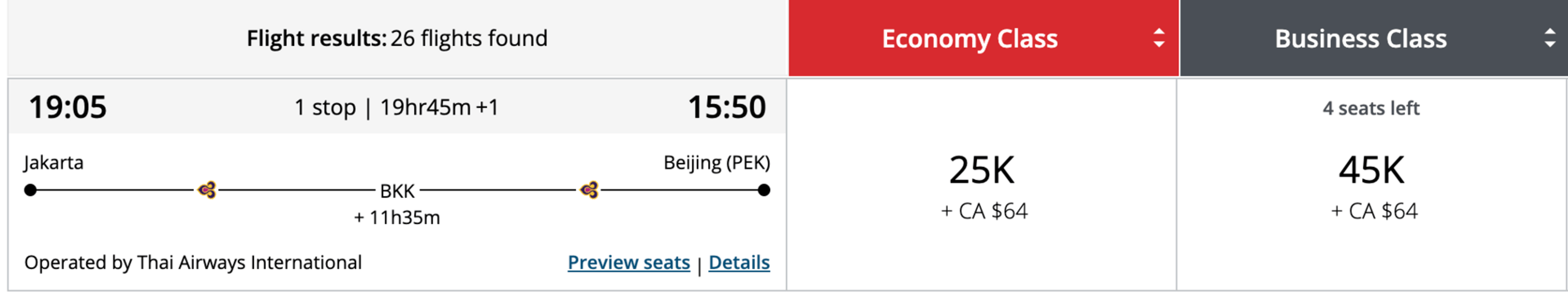 Jakarta to Beijing for 45,000 points in business class