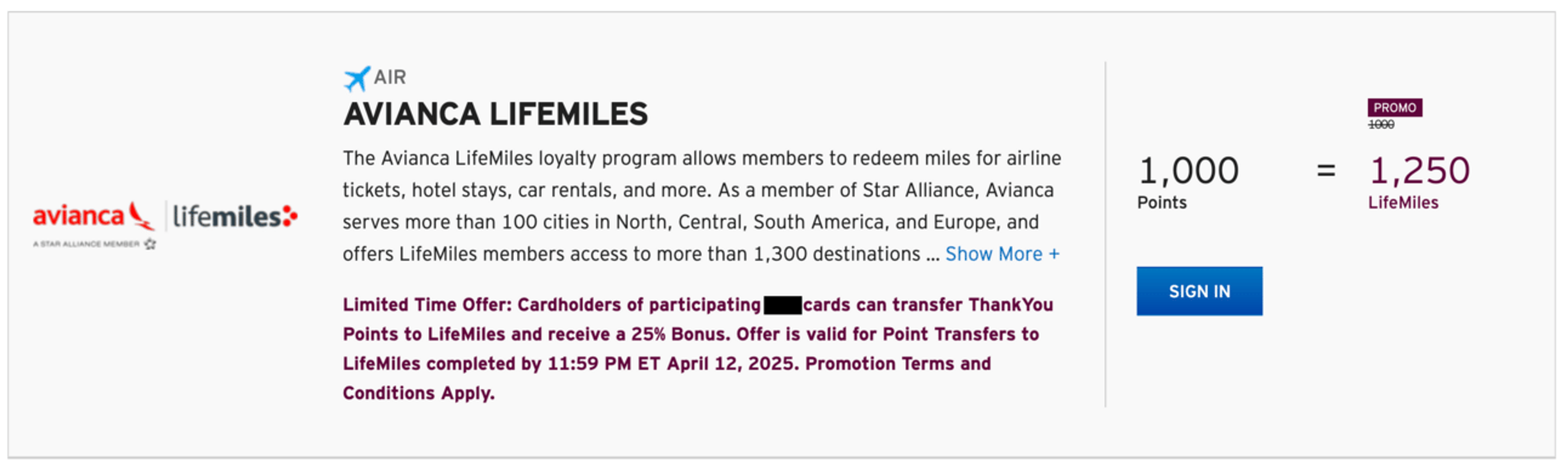 25% transfer bonus to Avianca